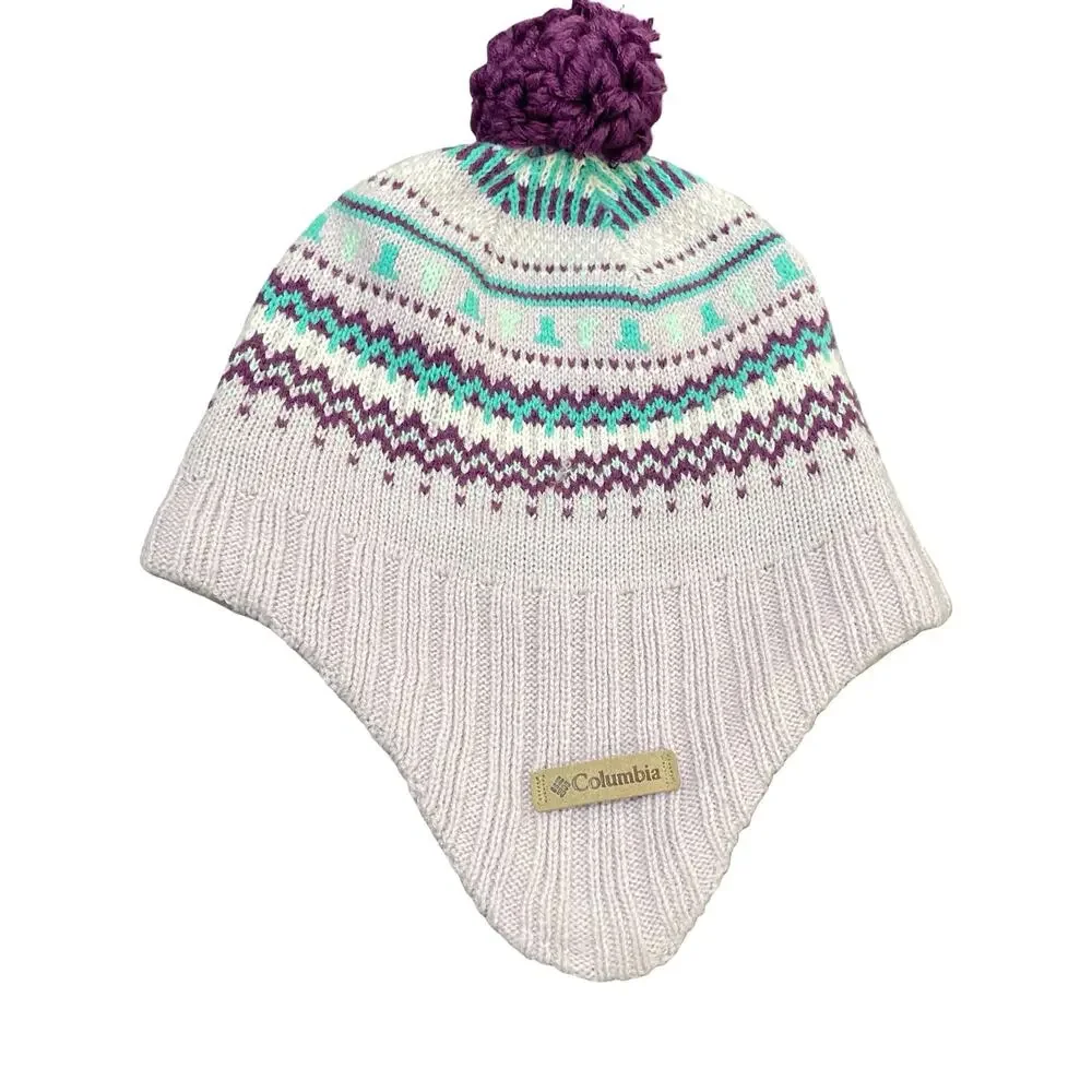 Columbia Omni Heat Earflap Beanie Hat Cream Pink Purple Fair Isle Pom Pom Chullo